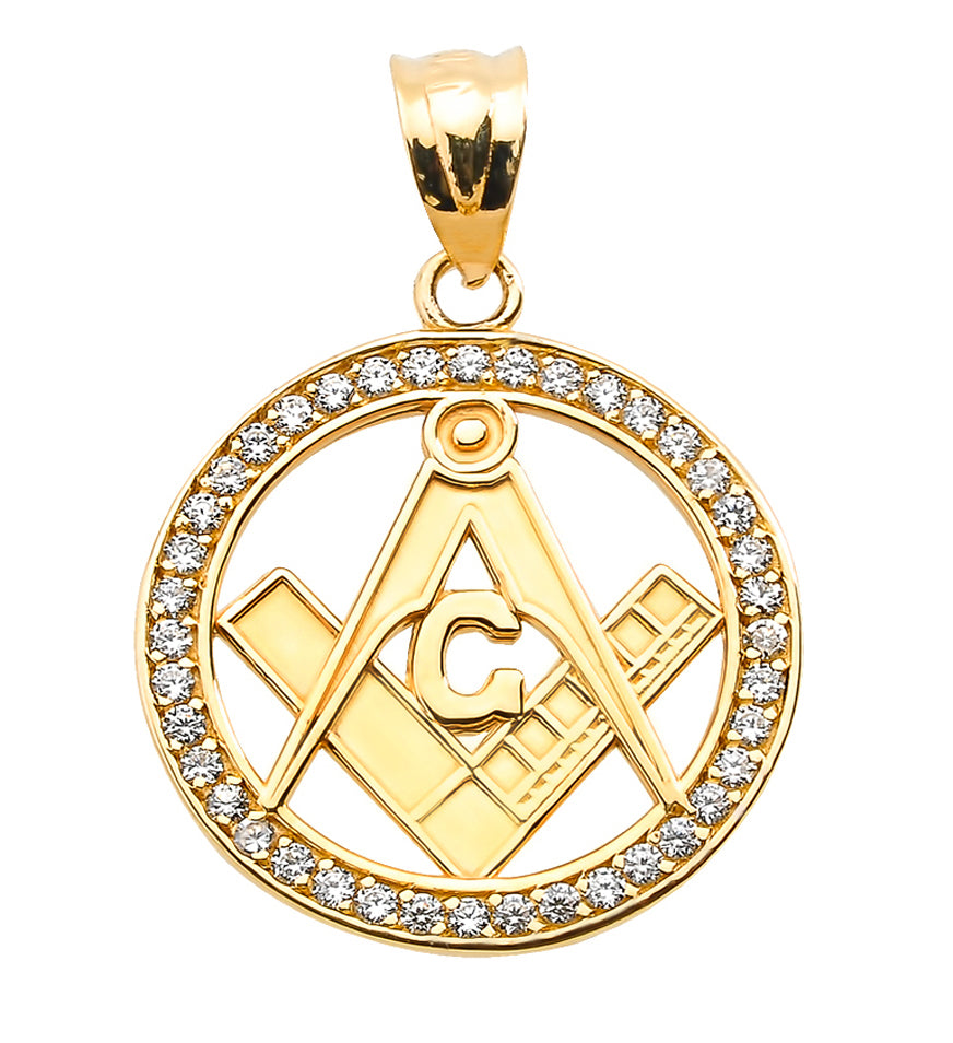 Solid Gold Diamond Studded Freemason Square & Compass Round Pendant