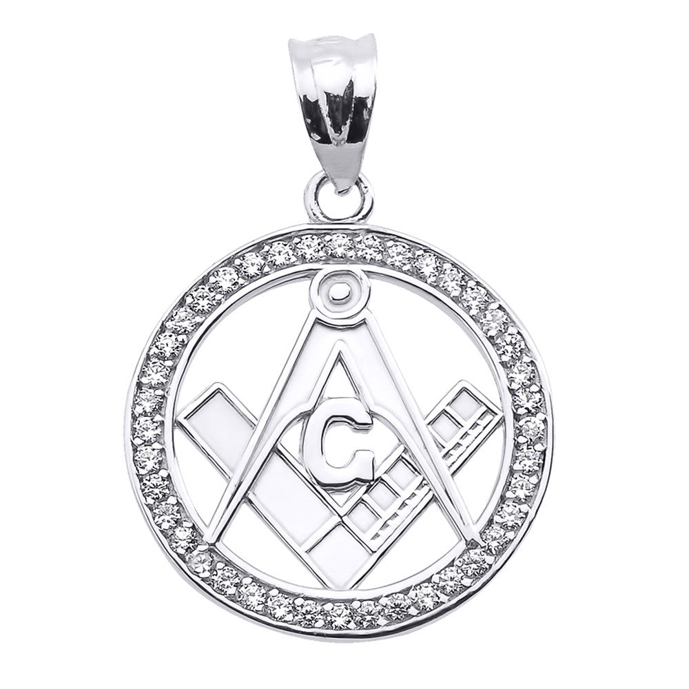 Solid Gold Diamond Studded Freemason Square & Compass Round Pendant, view 3
