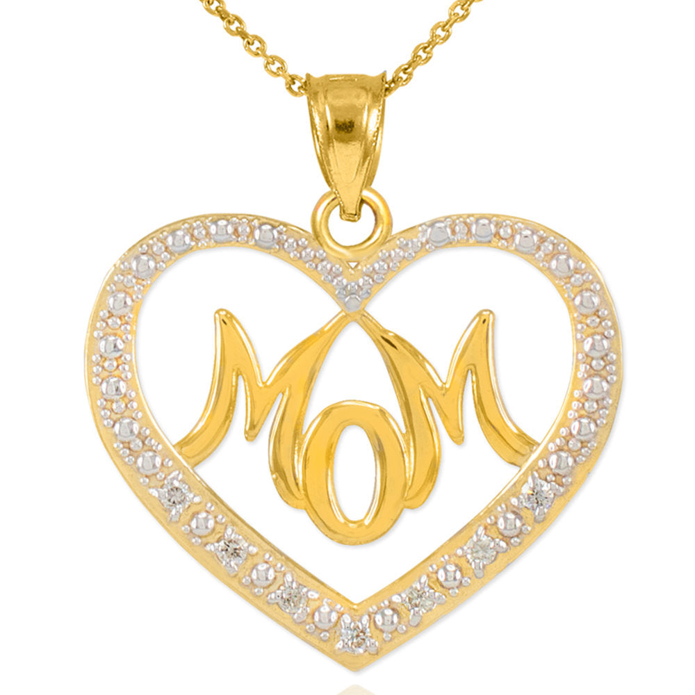 Solid Gold Diamond Studded "Mom" Heart Pendant Necklace