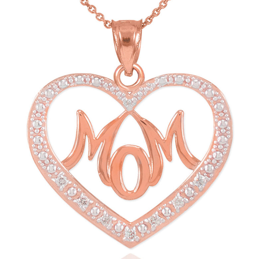 Solid Gold Diamond Studded "Mom" Heart Pendant Necklace, view 2