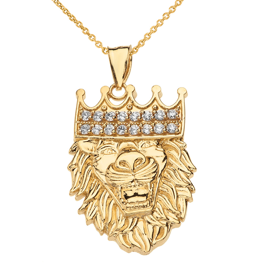 Solid Gold Double Sided Text Embossed Cubic Zirconia Lion King Pendant Necklace