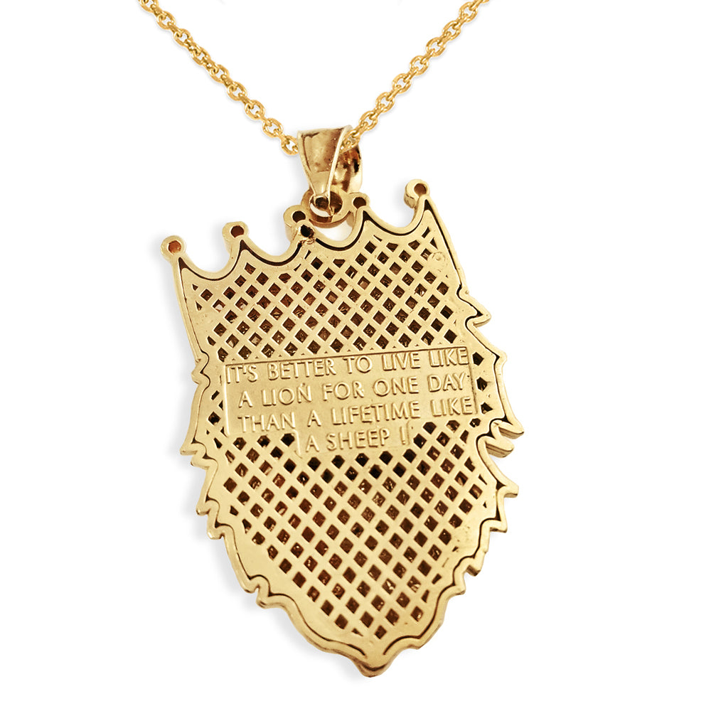 Solid Gold Double Sided Text Embossed Cubic Zirconia Lion King Pendant Necklace, view 2