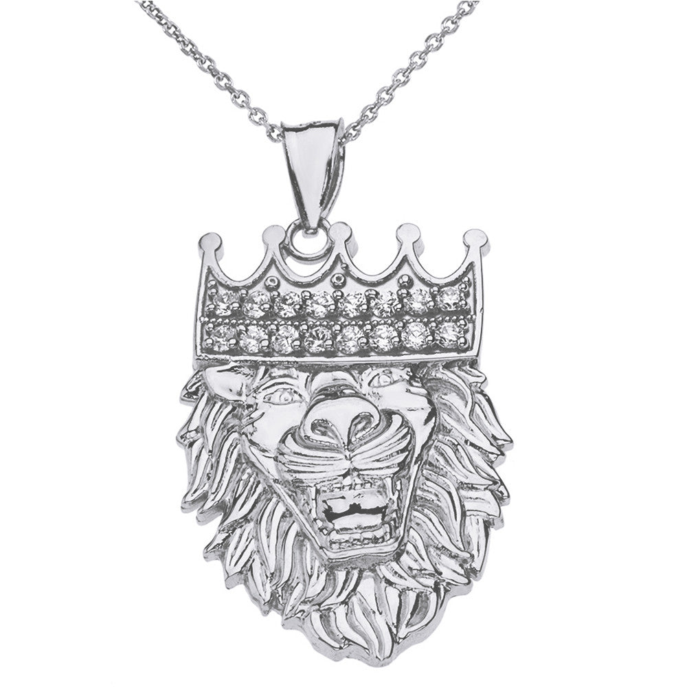 Solid Gold Double Sided Text Embossed Cubic Zirconia Lion King Pendant Necklace, view 3