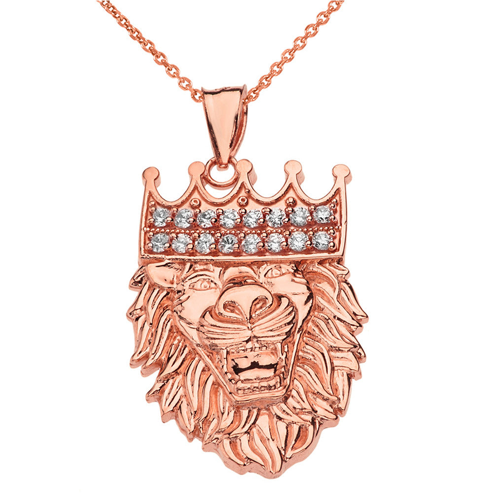 Solid Gold Double Sided Text Embossed Cubic Zirconia Lion King Pendant Necklace, view 4