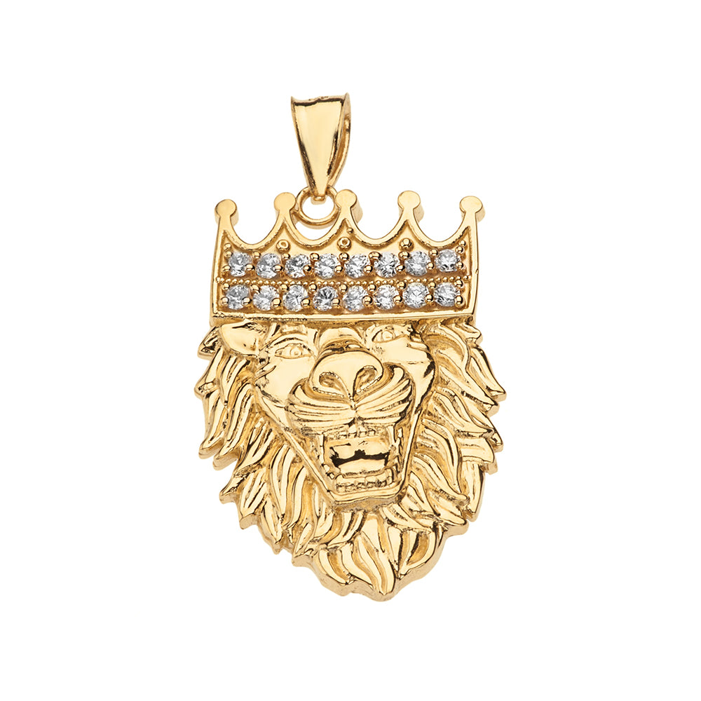 Solid Gold Double Sided Text Embossed Cubic Zirconia Lion King Pendant Necklace, view 5