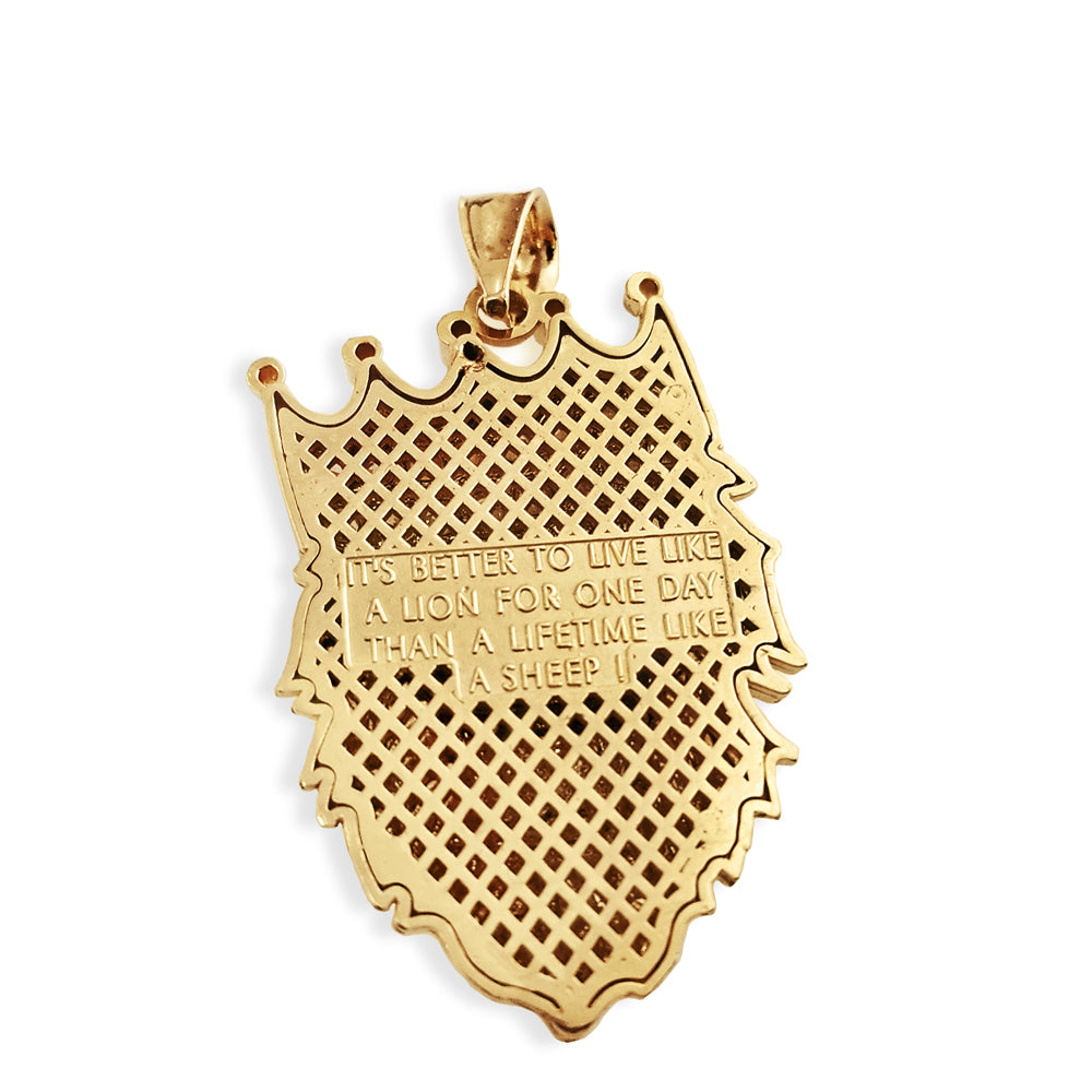 Solid Gold Double Sided Text Embossed Cubic Zirconia Lion King Pendant Necklace, view 6