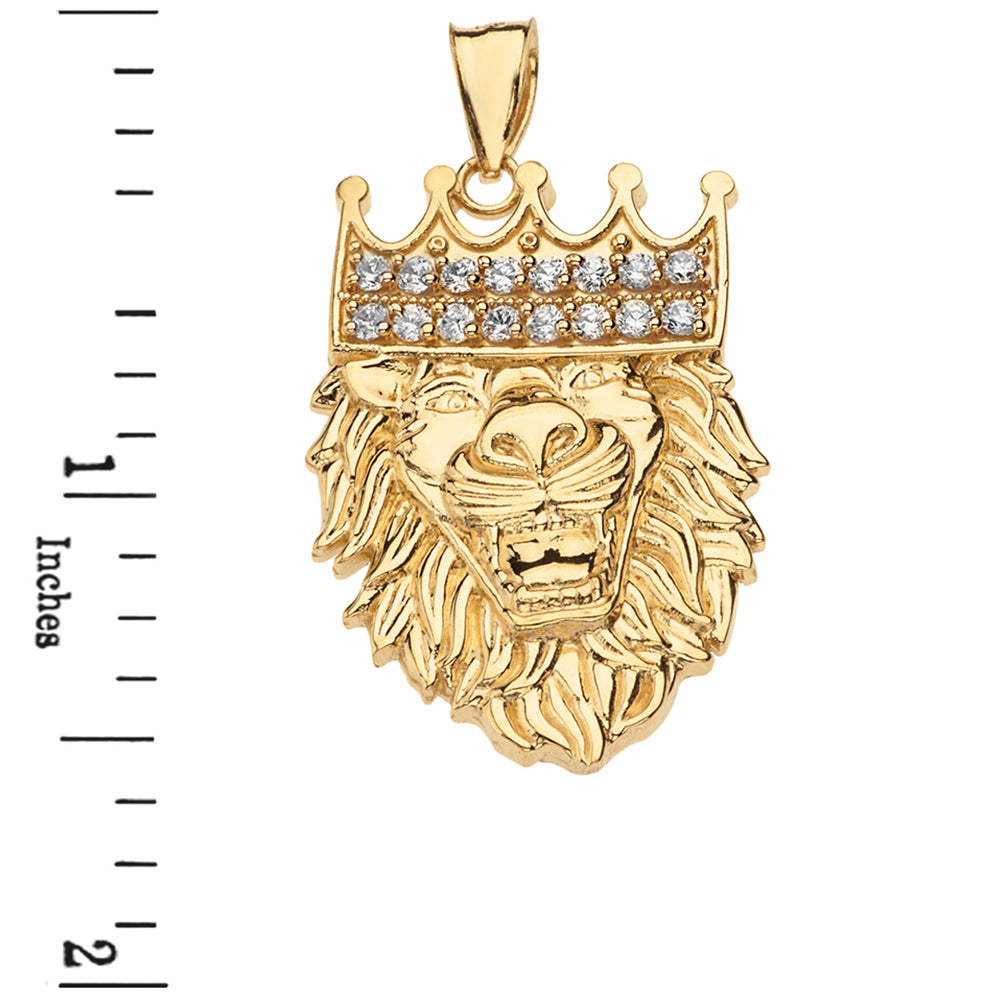 Solid Gold Double Sided Text Embossed Cubic Zirconia Lion King Pendant Necklace, view 7