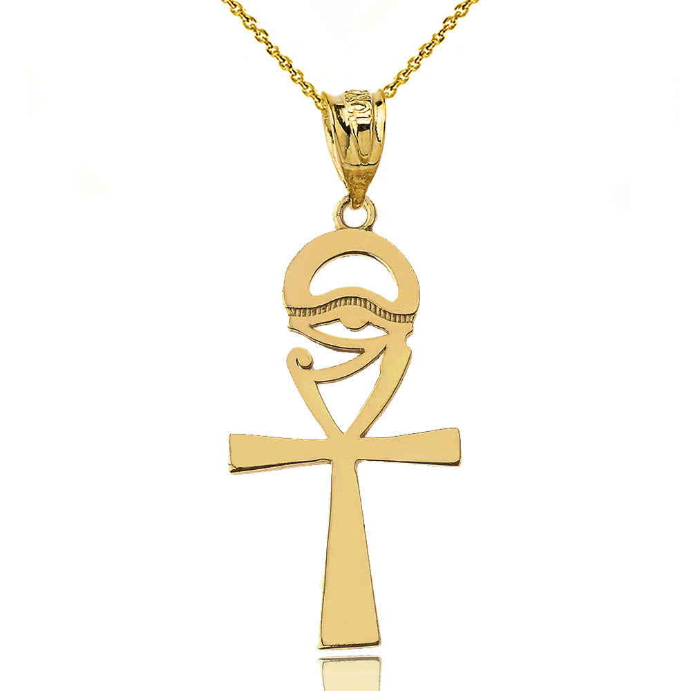 Solid Gold Egyptian Ankh Cross Eye of Horus Wedjet Pendant Necklace