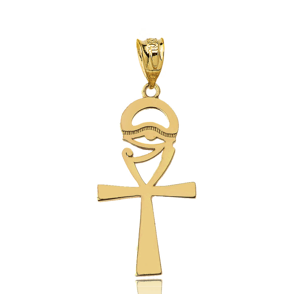 Solid Gold Egyptian Ankh Cross Eye of Horus Wedjet Pendant Necklace, view 2