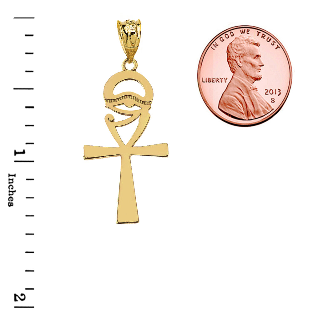 Solid Gold Egyptian Ankh Cross Eye of Horus Wedjet Pendant Necklace, view 3
