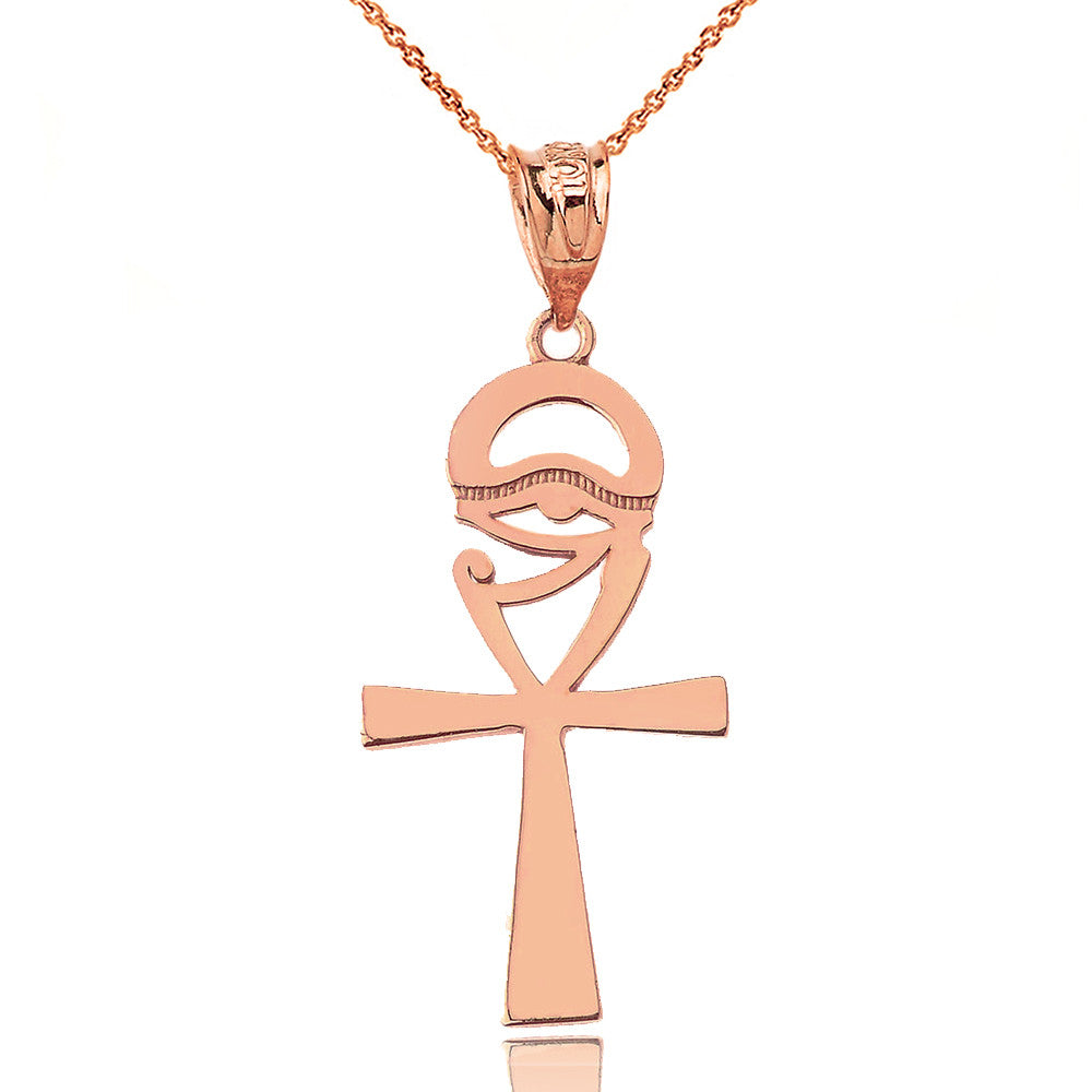 Solid Gold Egyptian Ankh Cross Eye of Horus Wedjet Pendant Necklace, view 4