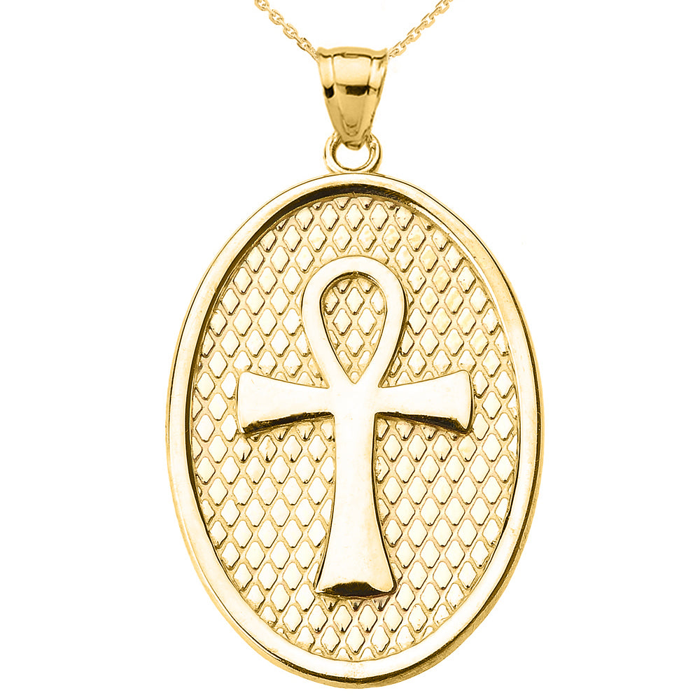 Solid Gold Egyptian Ankh Cross Oval Pendant Necklace