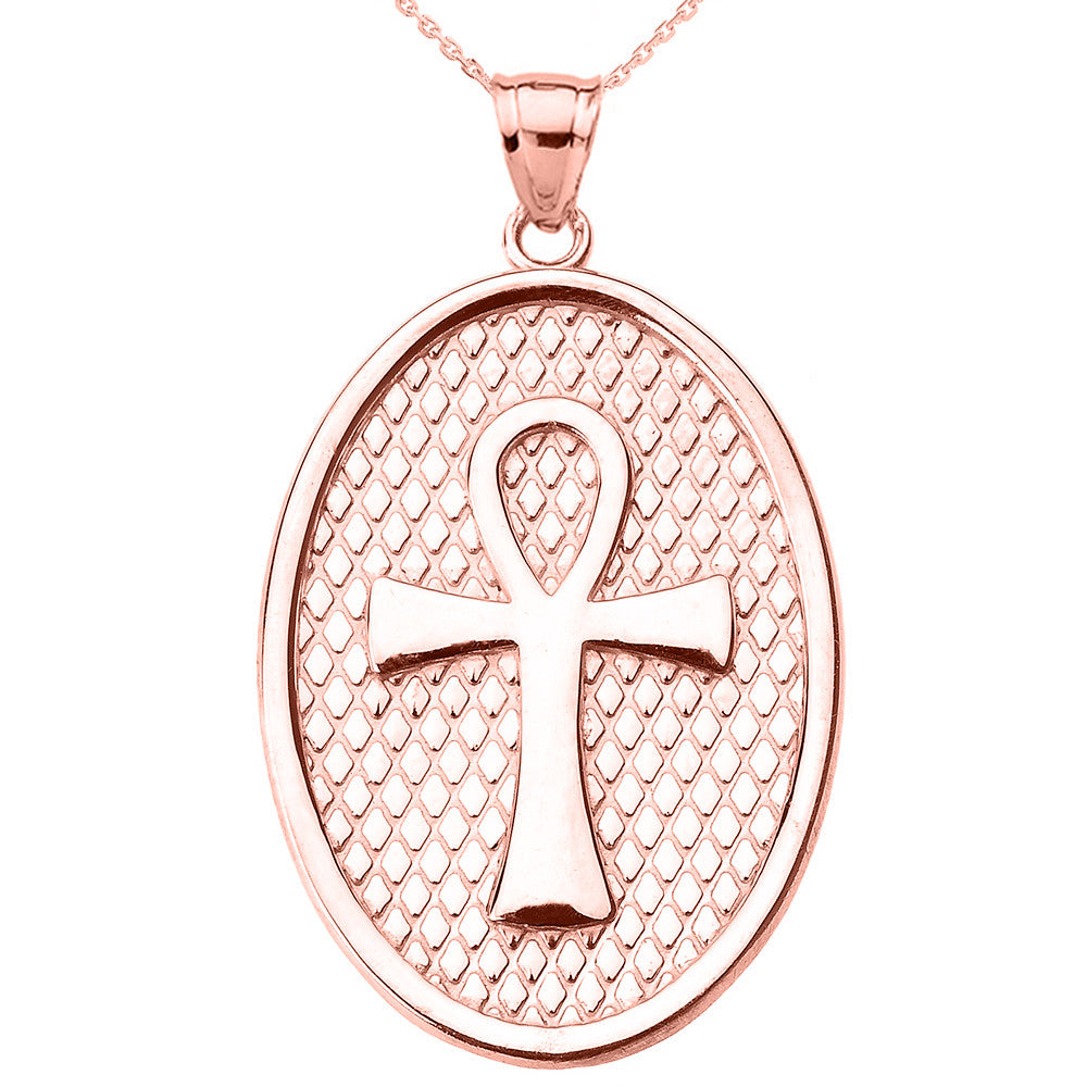 Solid Gold Egyptian Ankh Cross Oval Pendant Necklace, view 2