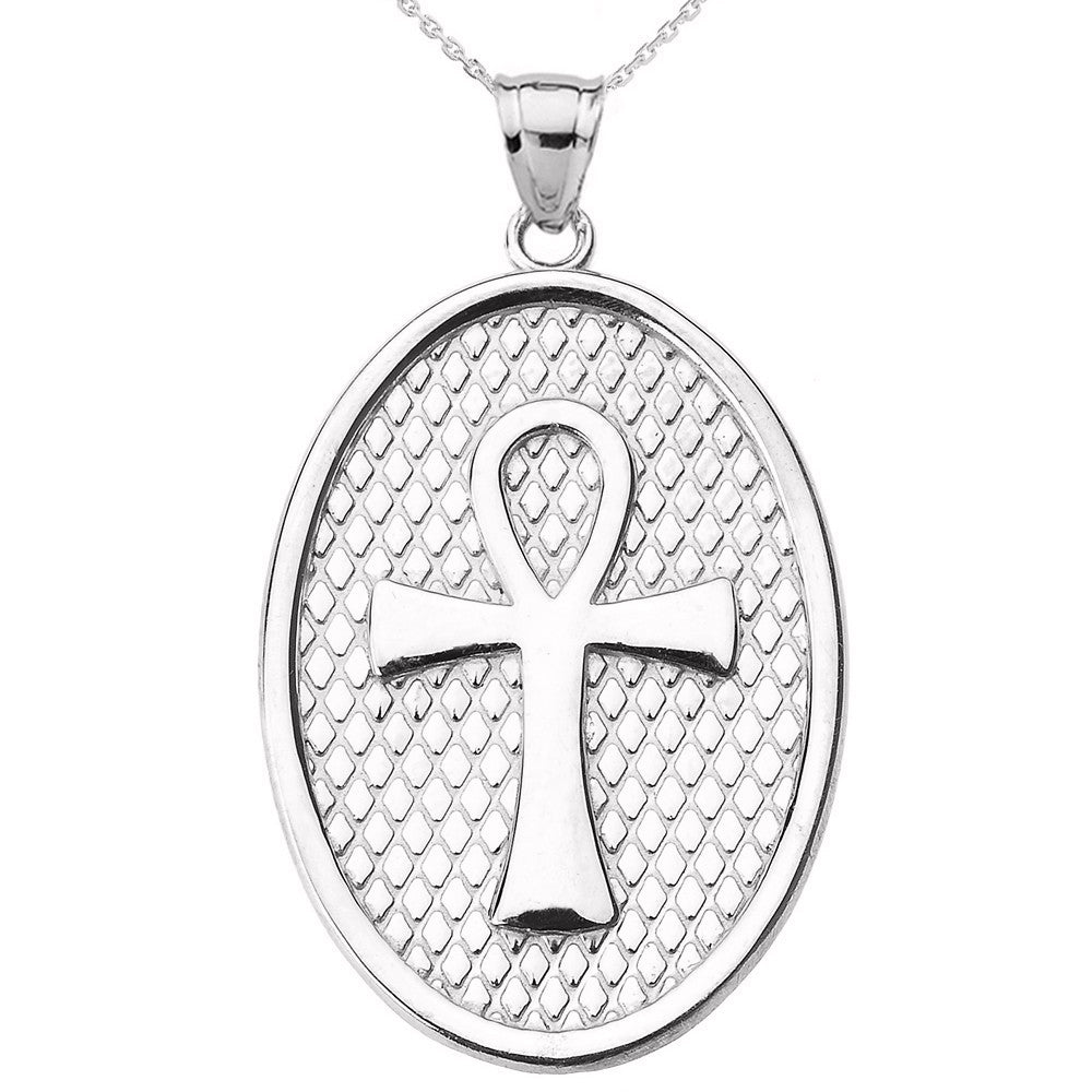 Solid Gold Egyptian Ankh Cross Oval Pendant Necklace, view 3