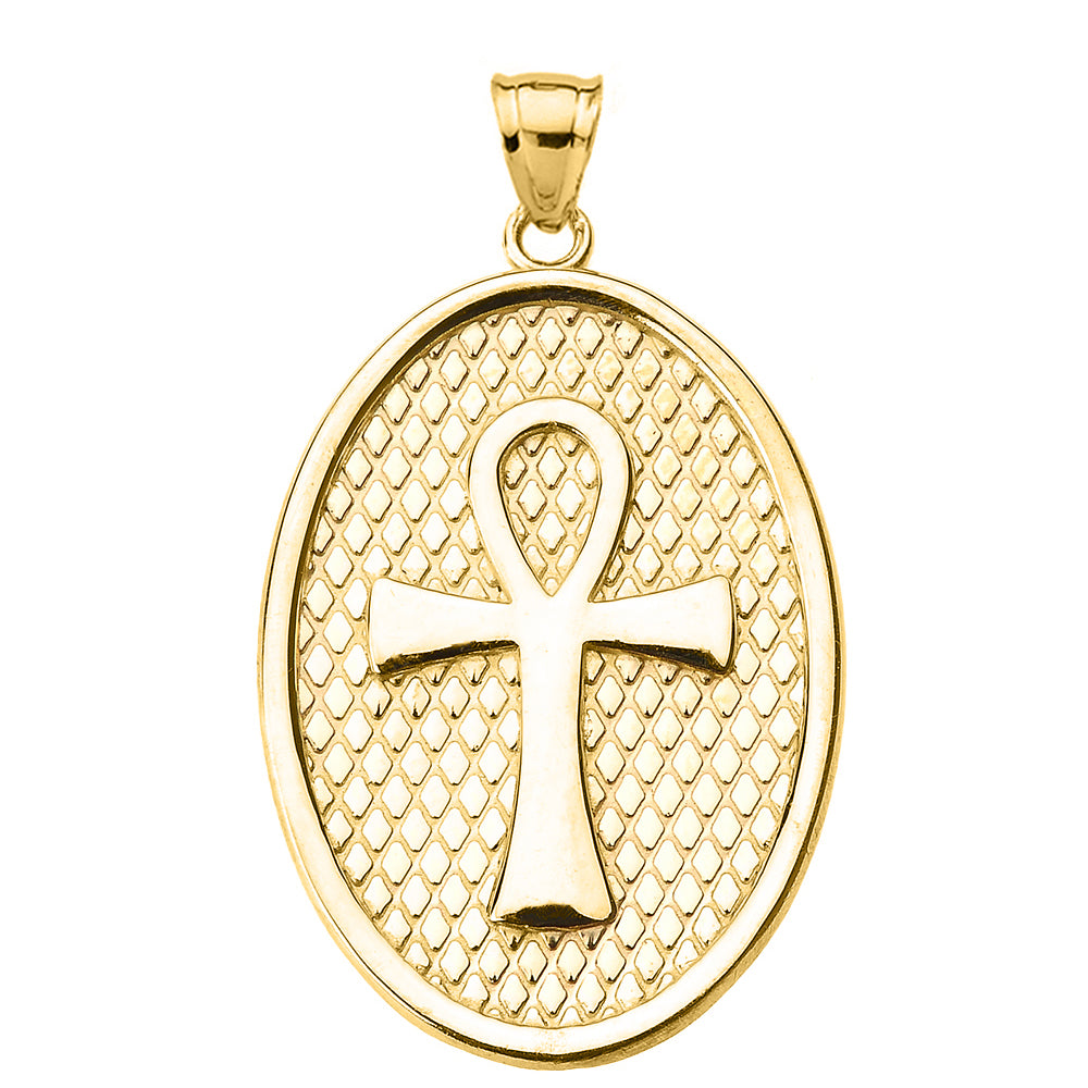 Solid Gold Egyptian Ankh Cross Oval Pendant Necklace, view 4
