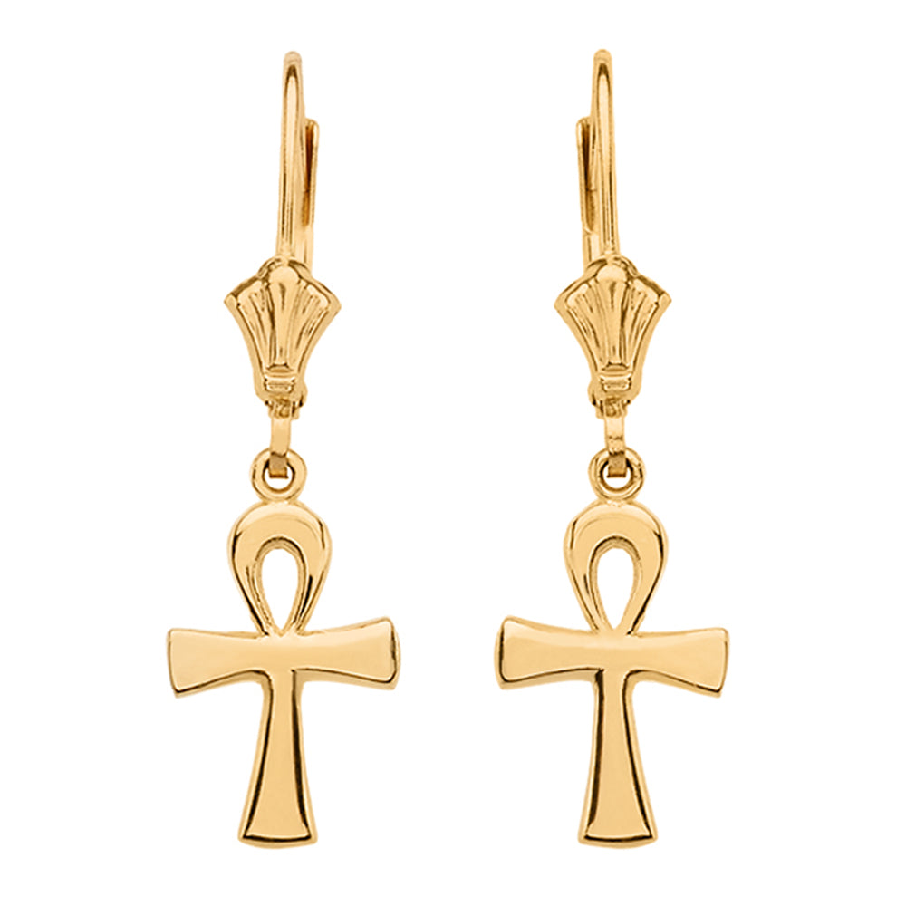 Solid Gold Egyptian Ankh Polished Earrings