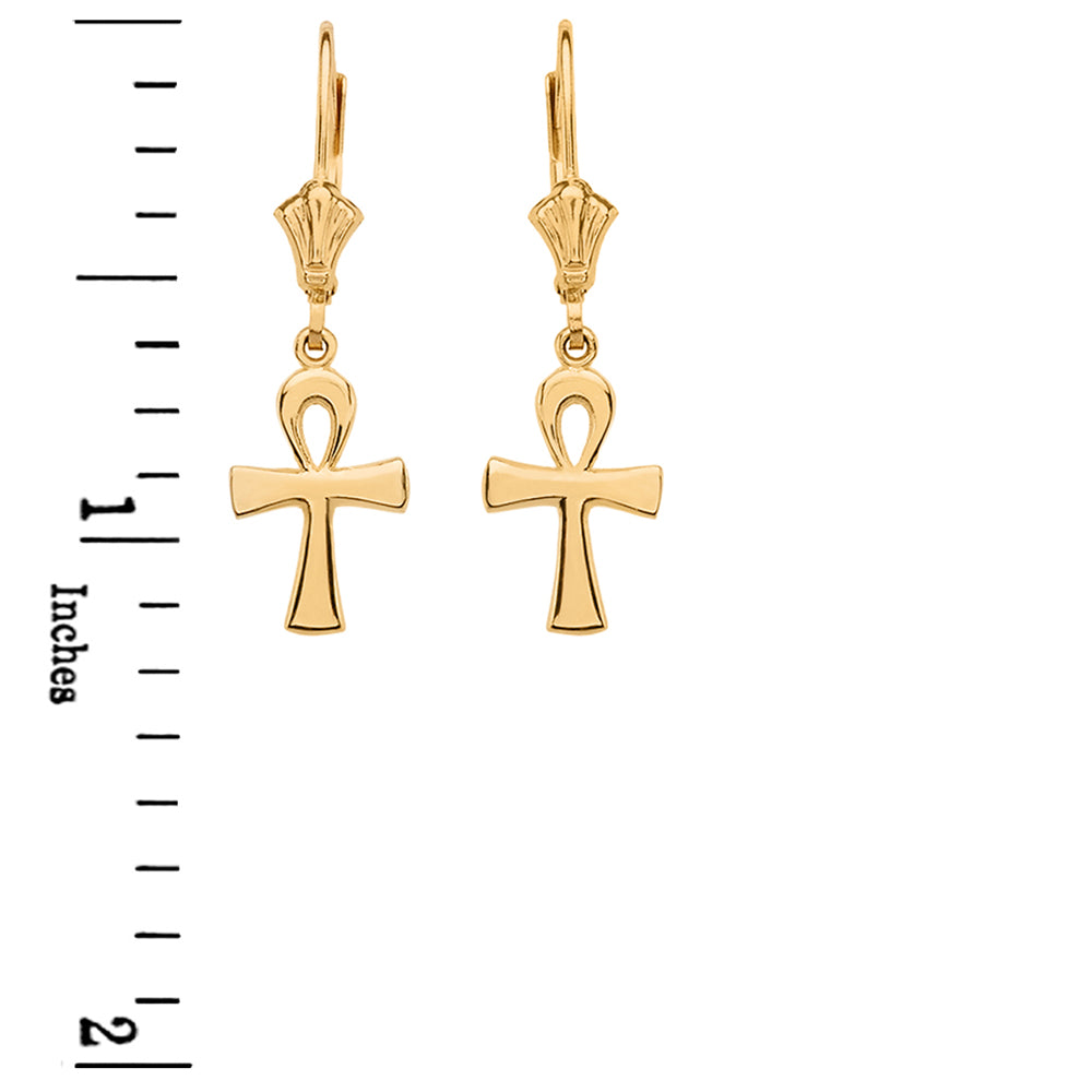 Solid Gold Egyptian Ankh Polished Earrings, view 2