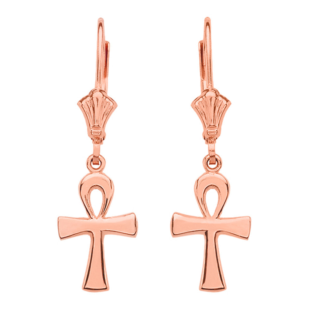 Solid Gold Egyptian Ankh Polished Earrings, view 3