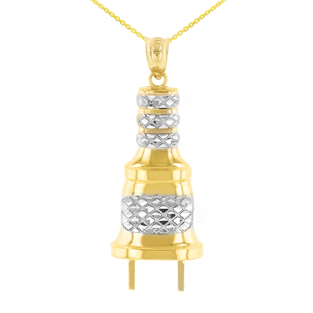 Solid Gold Electric Plug Diamond Cut Textured Pendant Necklace