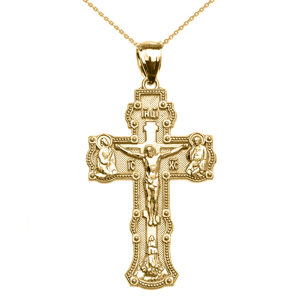 Solid Gold Elegant Russian Orthodox IC XC NIKA Save and Protect Cross Pendant Necklace