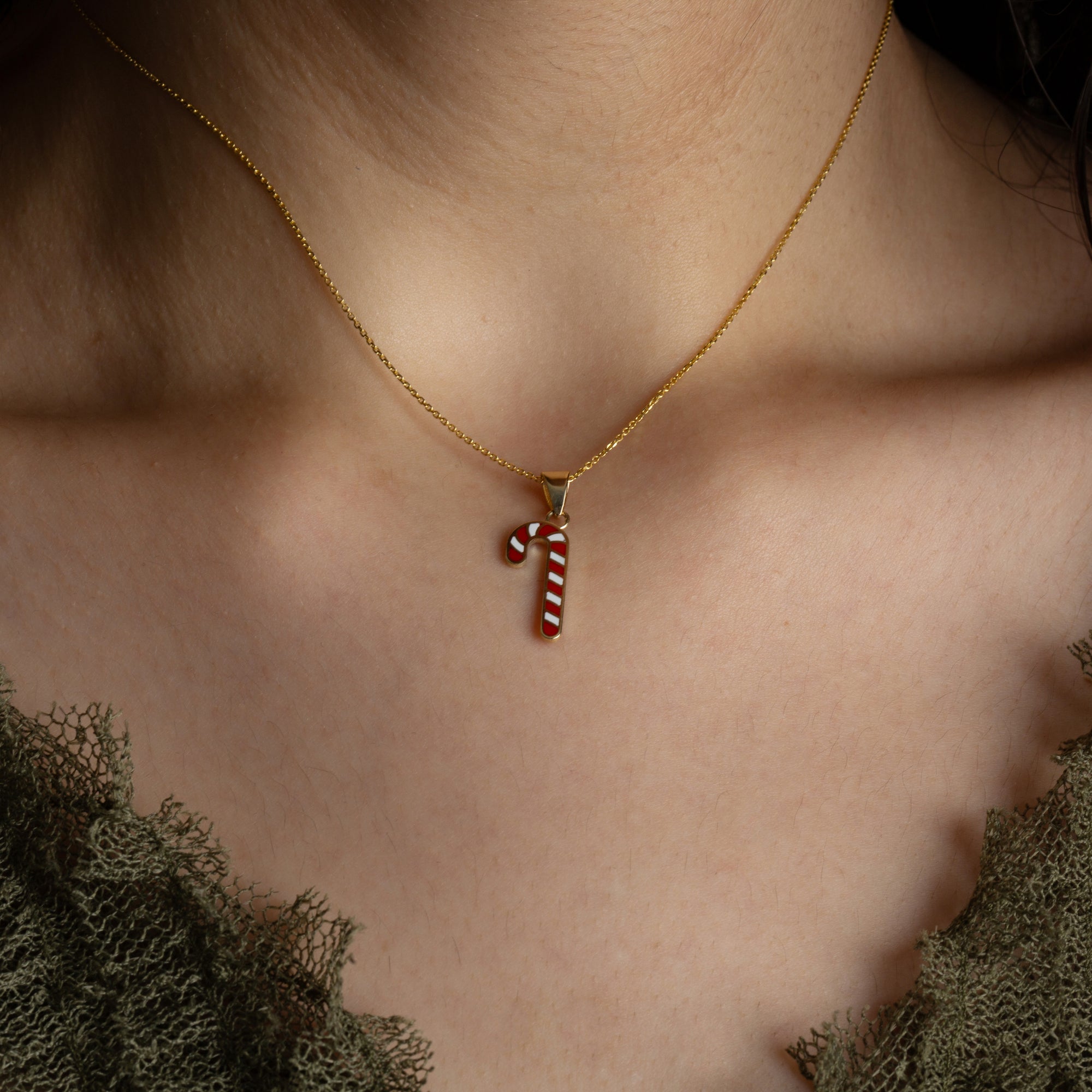 Solid Gold Enamel Christmas Candy Cane Holiday Pendant Necklace, view 2