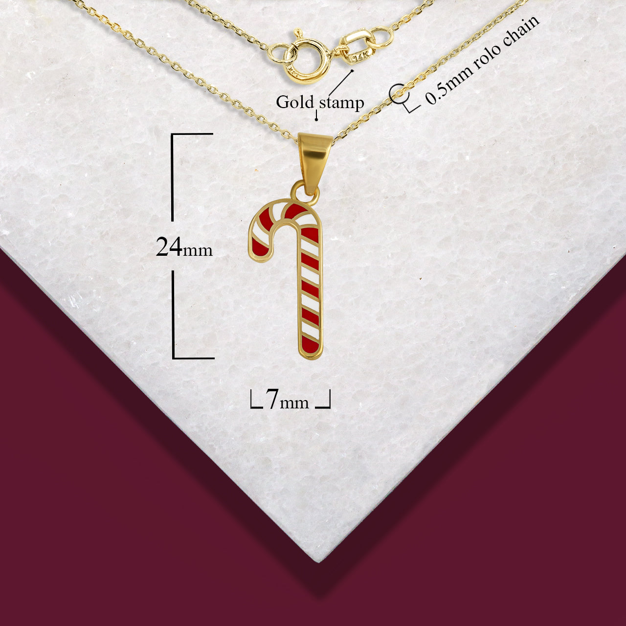 Solid Gold Enamel Christmas Candy Cane Holiday Pendant Necklace, view 3