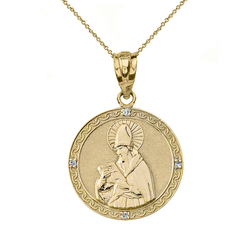 Solid Gold Engravable Diamond Saint Augustine Circle Pendant Necklace (Small 1.06")
