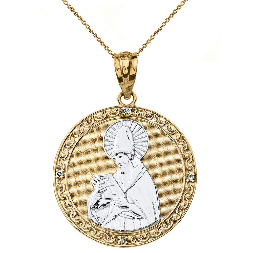 Solid Gold Engravable Diamond Saint Augustine Circle Pendant Necklace (Small 1.06"), view 2