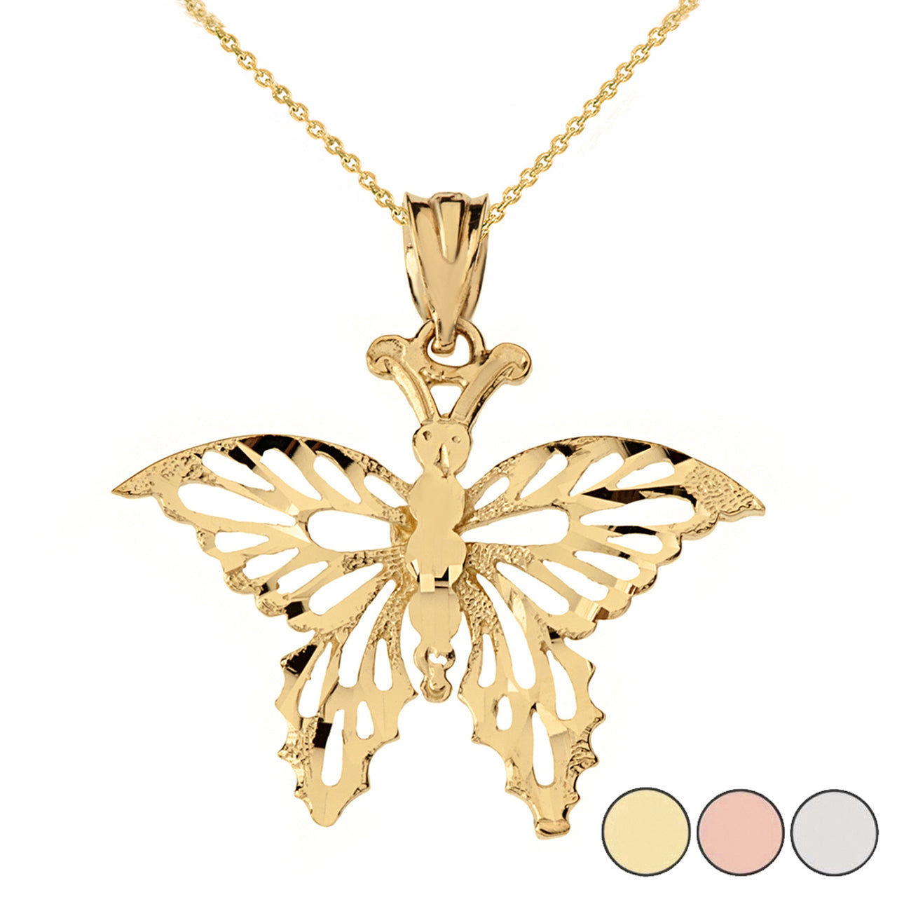 Solid Gold Filigree Diamond Cut Butterfly Pendant Necklace