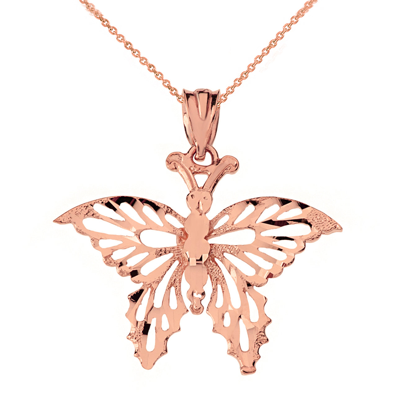 Solid Gold Filigree Diamond Cut Butterfly Pendant Necklace, view 4