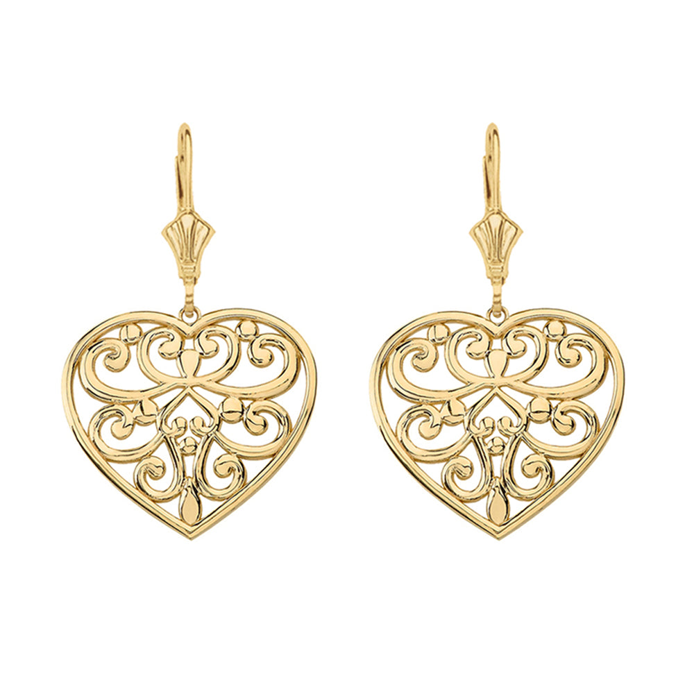 Solid Gold Filigree Heart Drop Earring Set