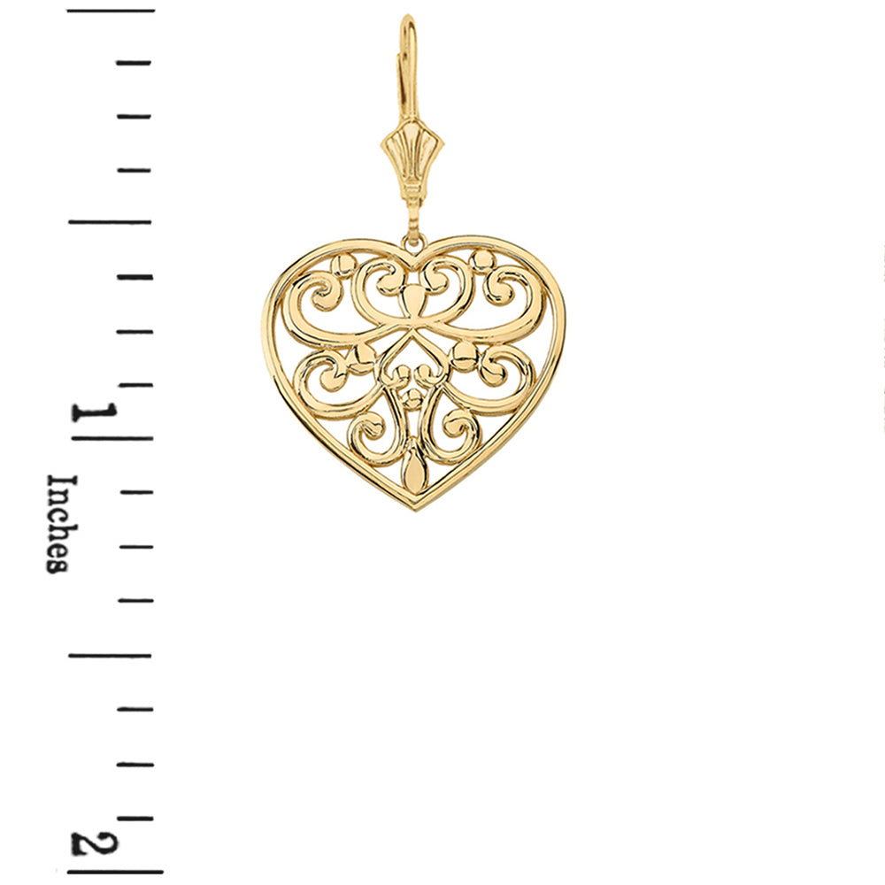 Solid Gold Filigree Heart Drop Earring Set, view 2