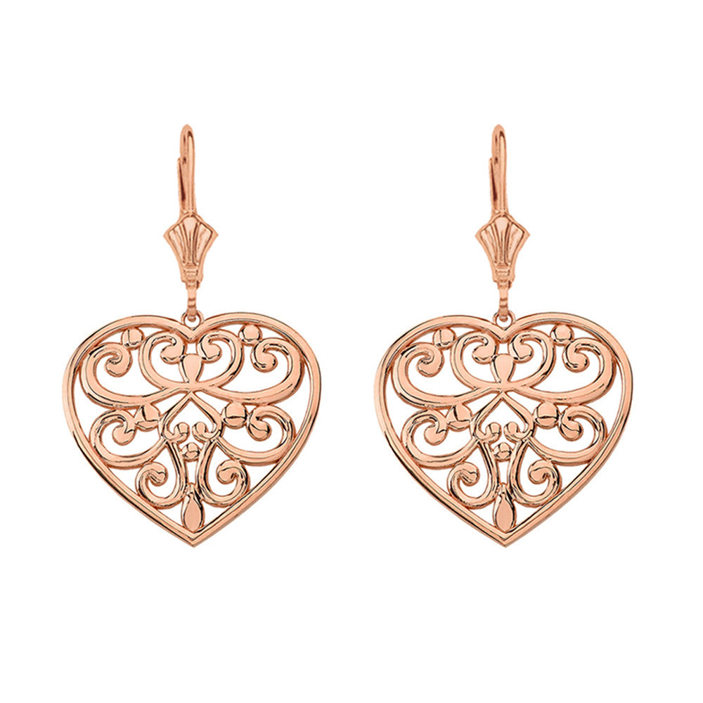 Solid Gold Filigree Heart Drop Earring Set, view 3