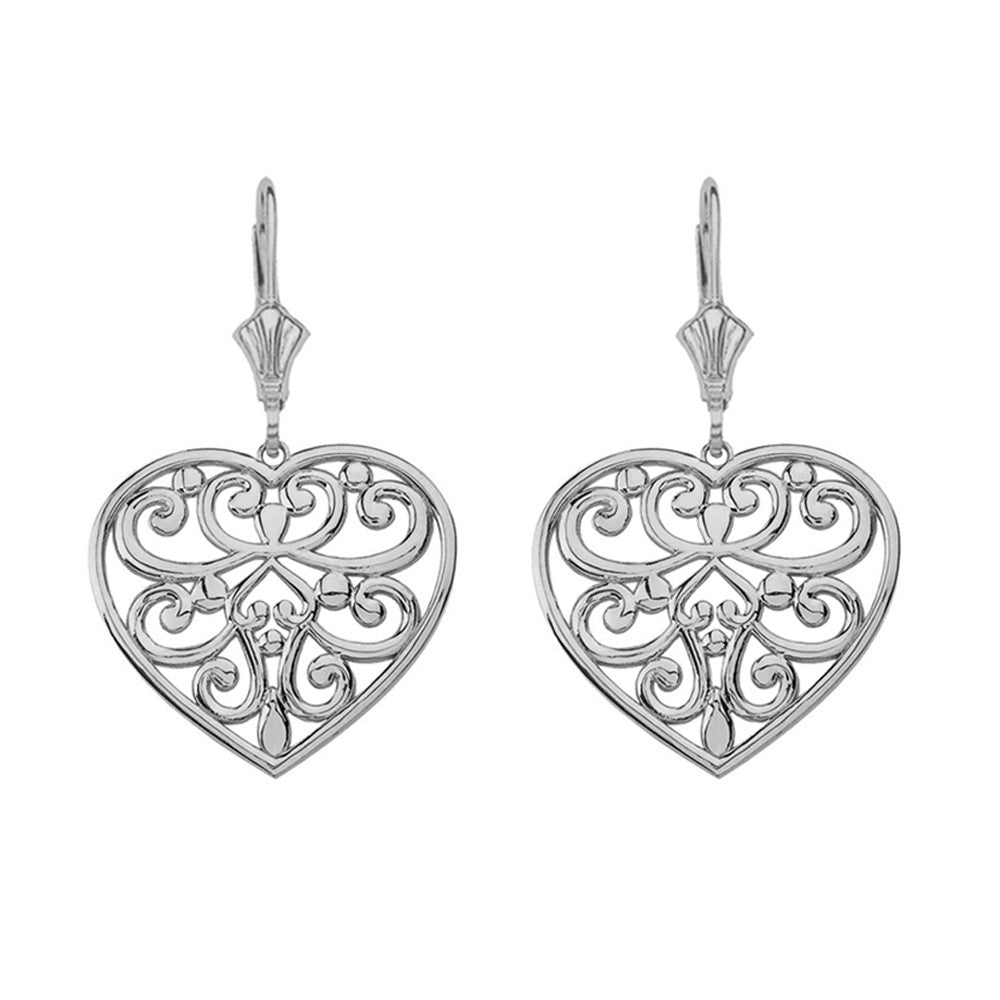 Solid Gold Filigree Heart Drop Earring Set, view 4
