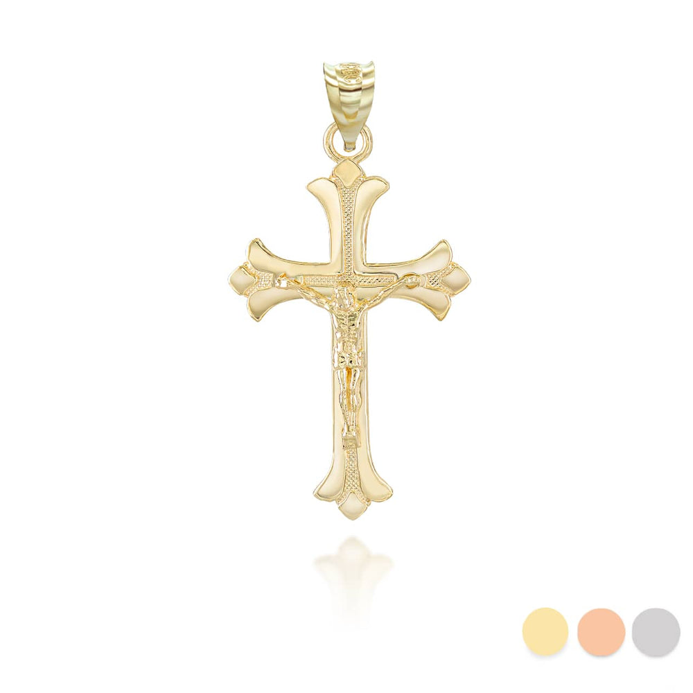Solid Gold Fleurie Fleur-de-lis Crucifix Pendant Necklace