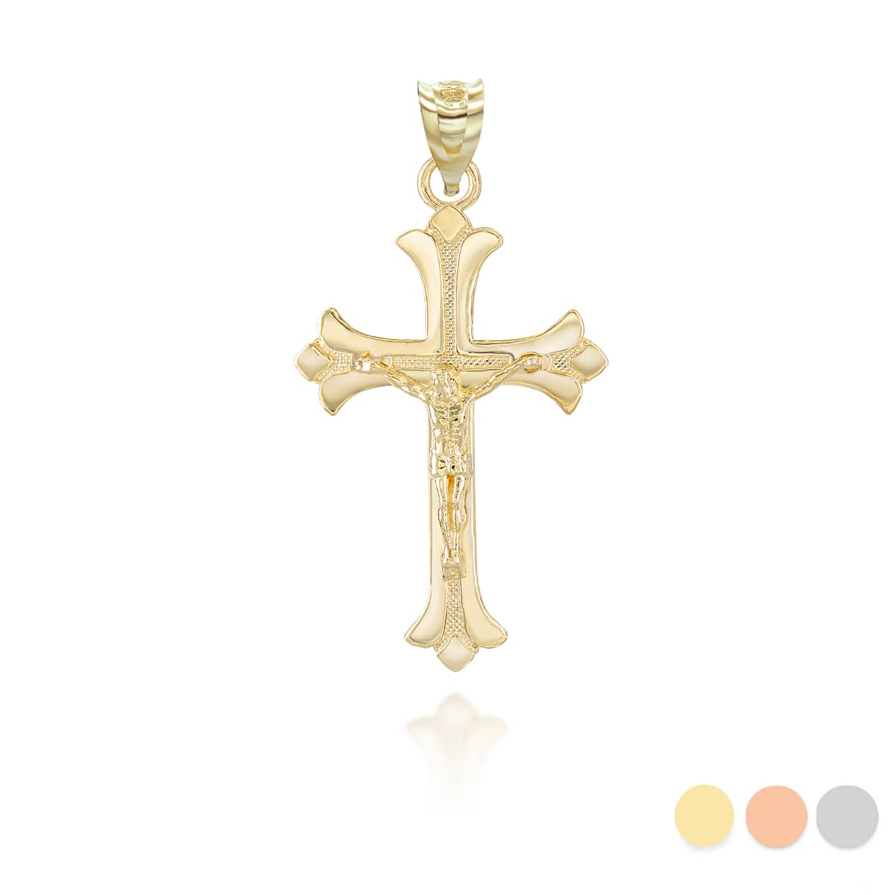Solid Gold Fleurie Fleur-de-lis Crucifix Pendant Necklace