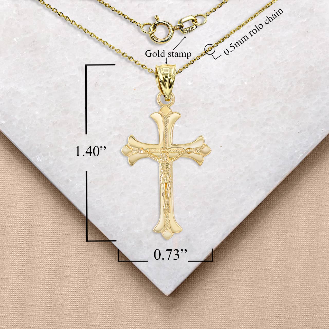 Solid Gold Fleurie Fleur-de-lis Crucifix Pendant Necklace, view 3