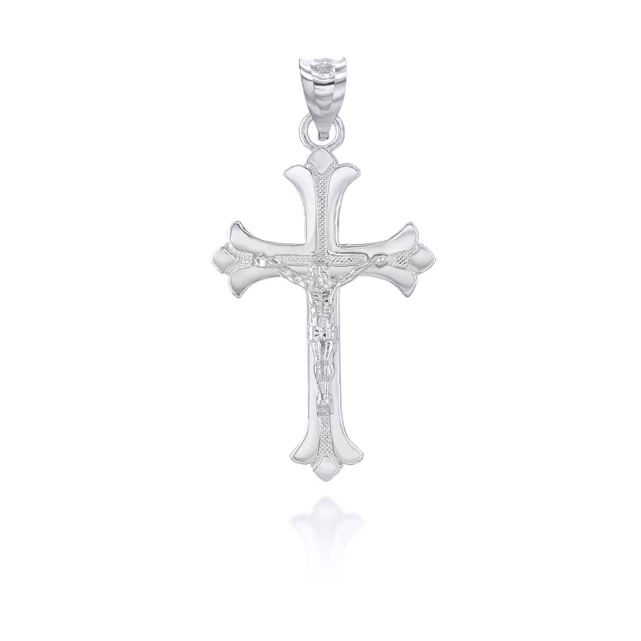 Solid Gold Fleurie Fleur-de-lis Crucifix Pendant Necklace, view 5