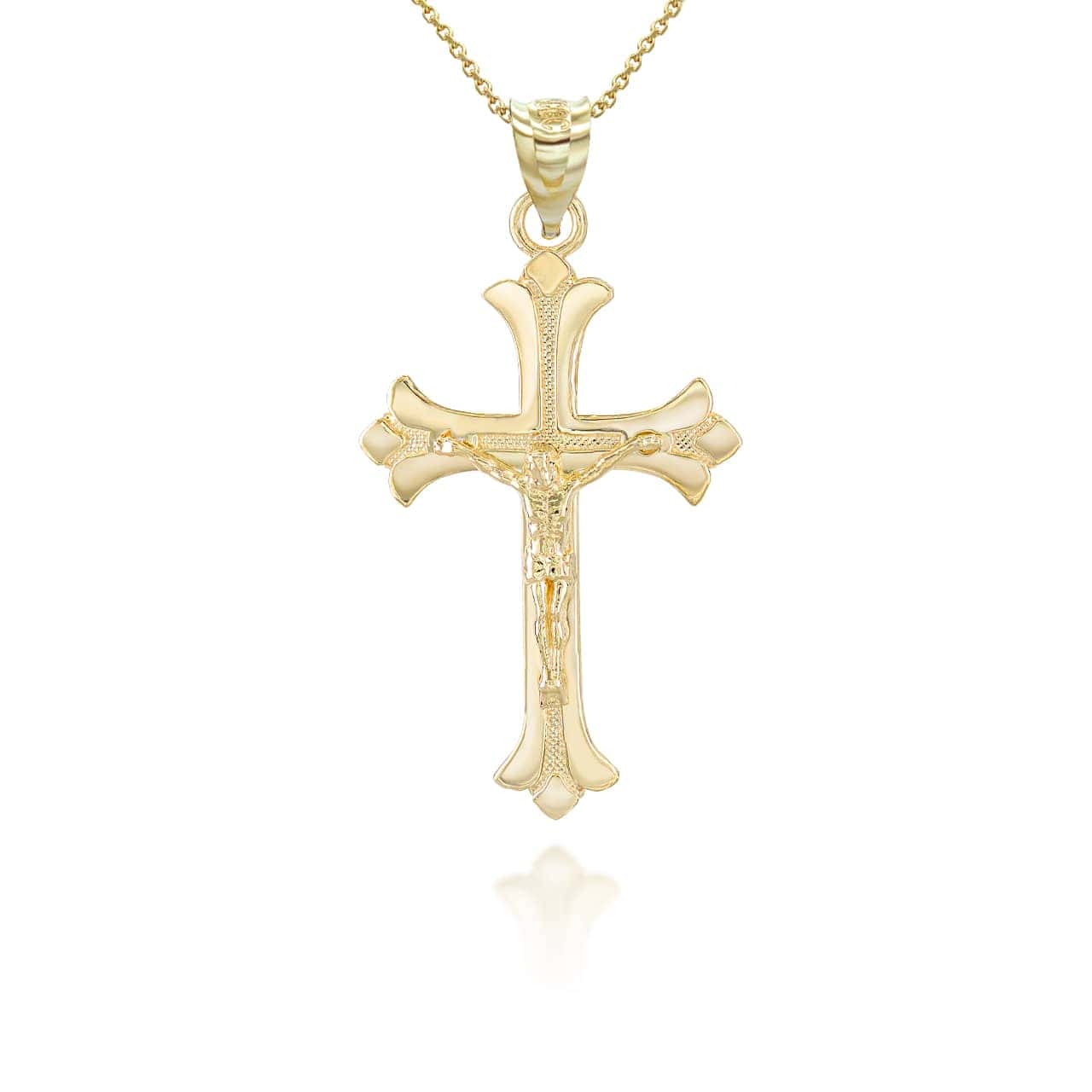 Solid Gold Fleurie Fleur-de-lis Crucifix Pendant Necklace, view 6