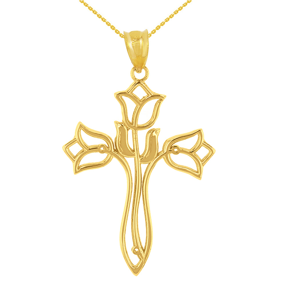 Solid Gold Floral Tulip Cross Filigree Pendant Necklace