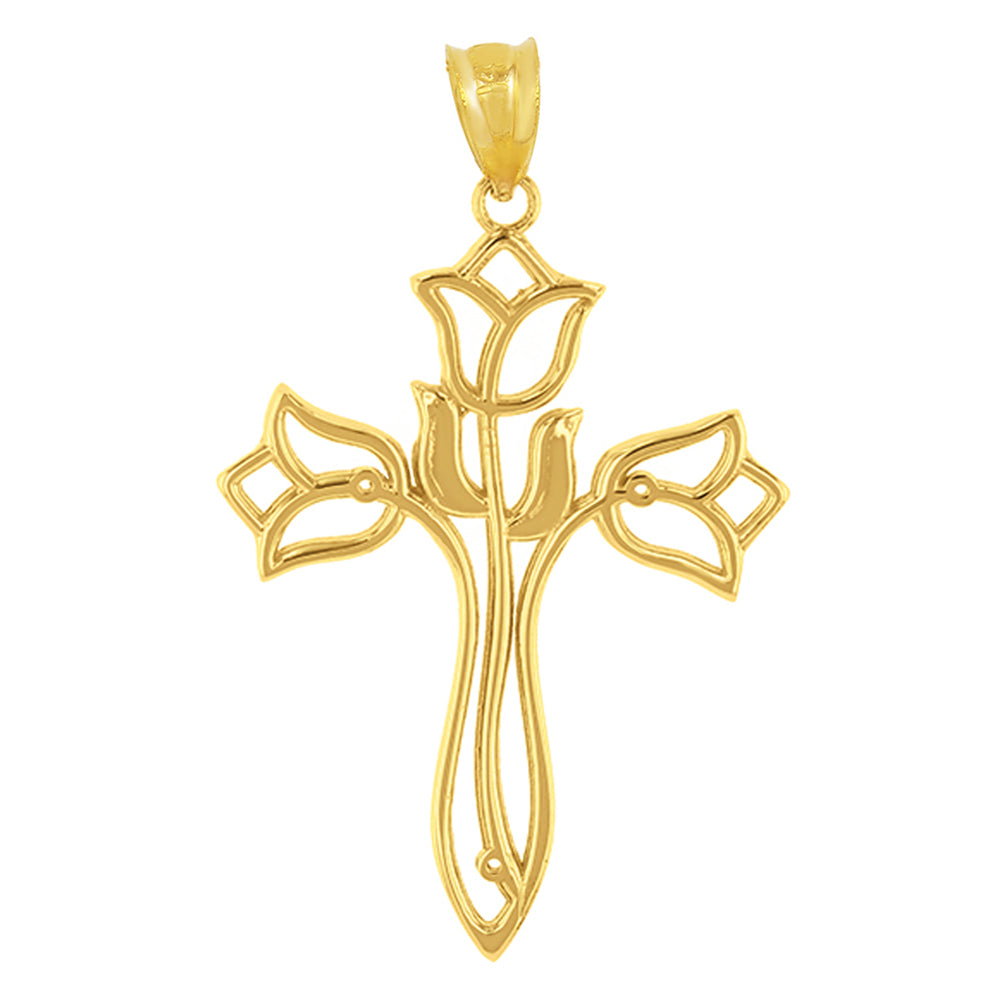 Solid Gold Floral Tulip Cross Filigree Pendant Necklace, view 2