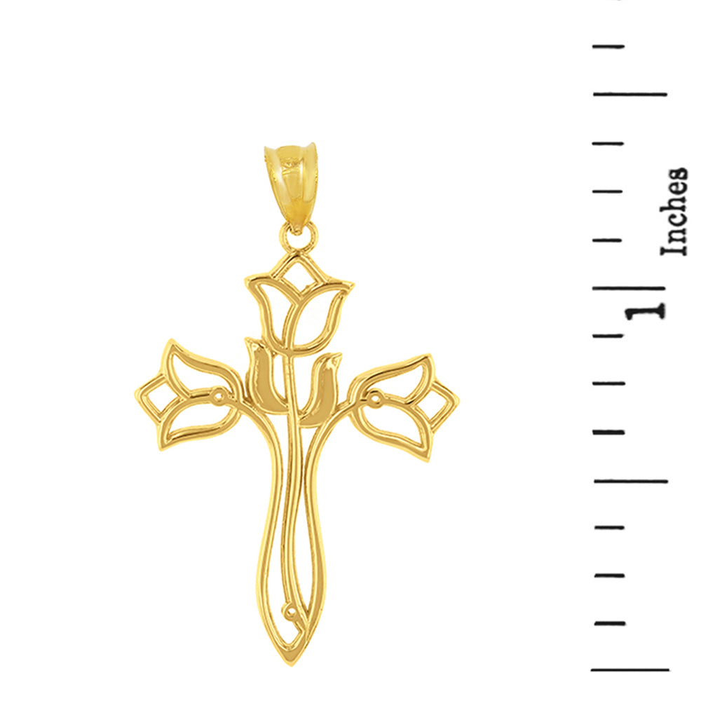 Solid Gold Floral Tulip Cross Filigree Pendant Necklace, view 3