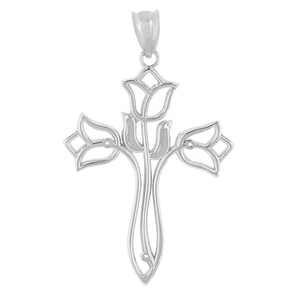 Solid Gold Floral Tulip Cross Filigree Pendant Necklace, view 4