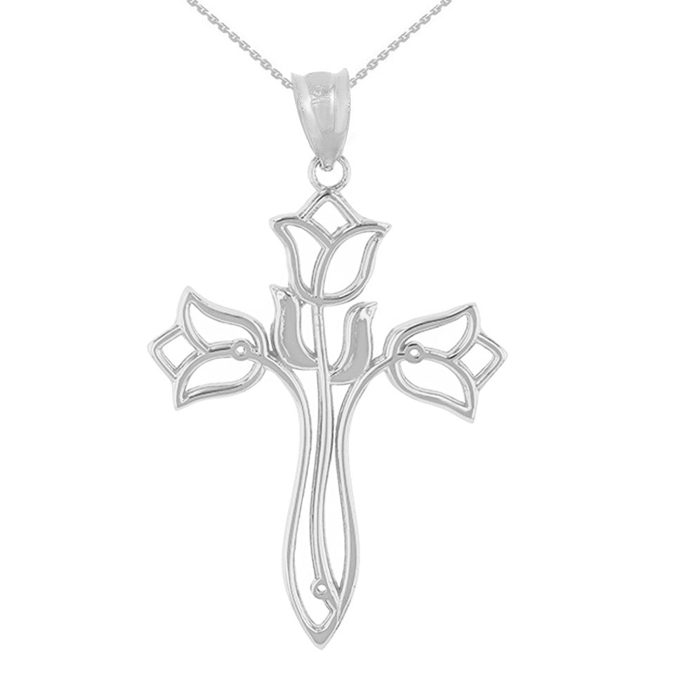Solid Gold Floral Tulip Cross Filigree Pendant Necklace, view 5