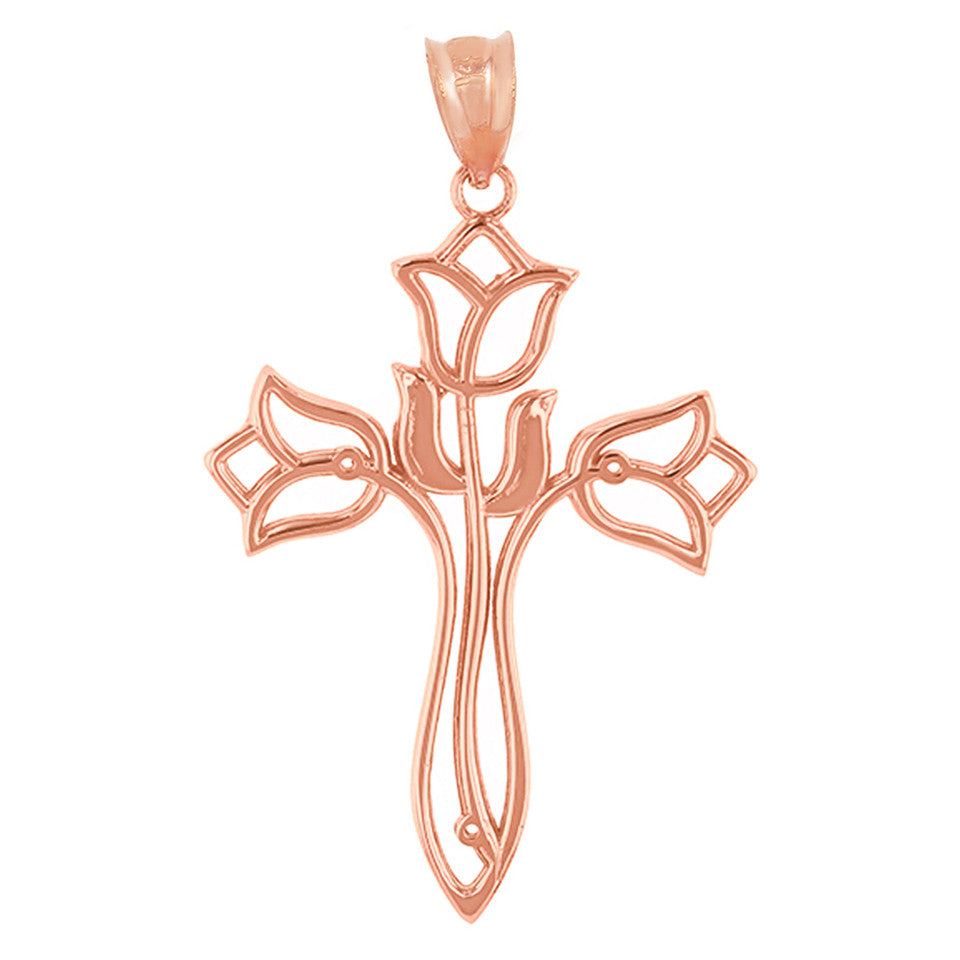 Solid Gold Floral Tulip Cross Filigree Pendant Necklace, view 6