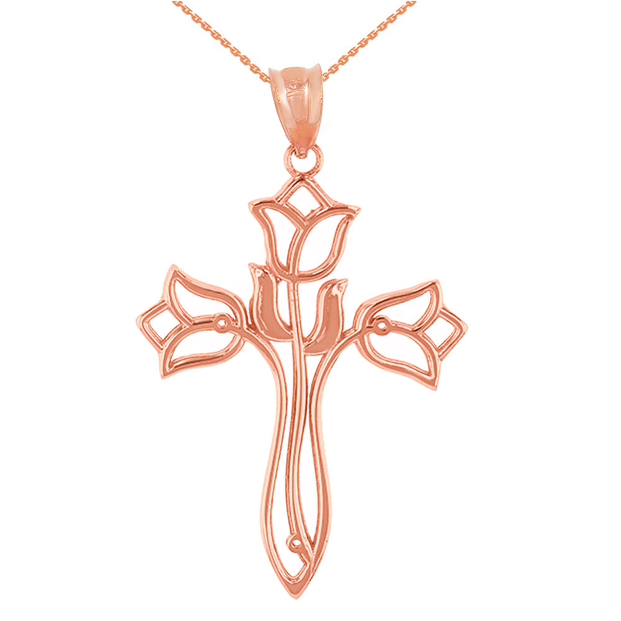 Solid Gold Floral Tulip Cross Filigree Pendant Necklace, view 7