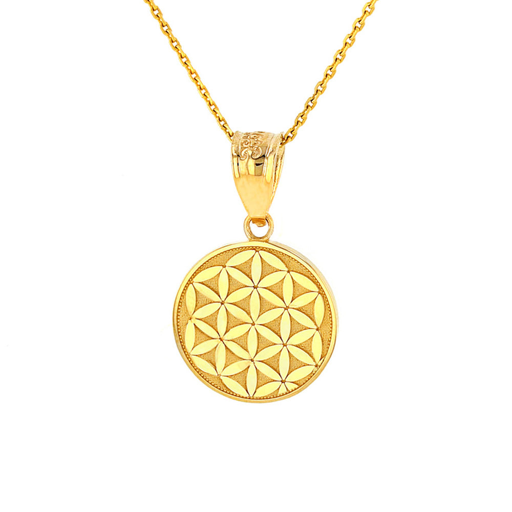 Solid Gold Flower of Life Dainty Disc Medallion Pendant Necklace