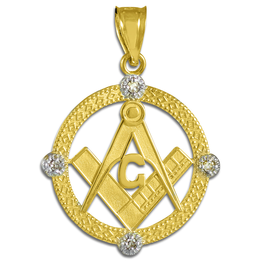 Solid Gold Freemason Diamond Square & Compass Round Beaded Pendant Necklace
