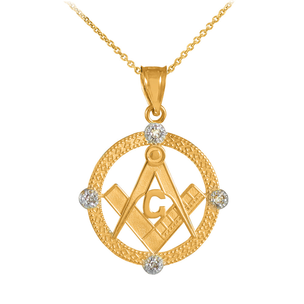 Solid Gold Freemason Diamond Square & Compass Round Beaded Pendant Necklace, view 2
