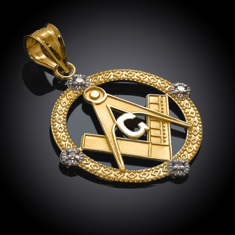 Solid Gold Freemason Diamond Square & Compass Round Beaded Pendant Necklace, view 3